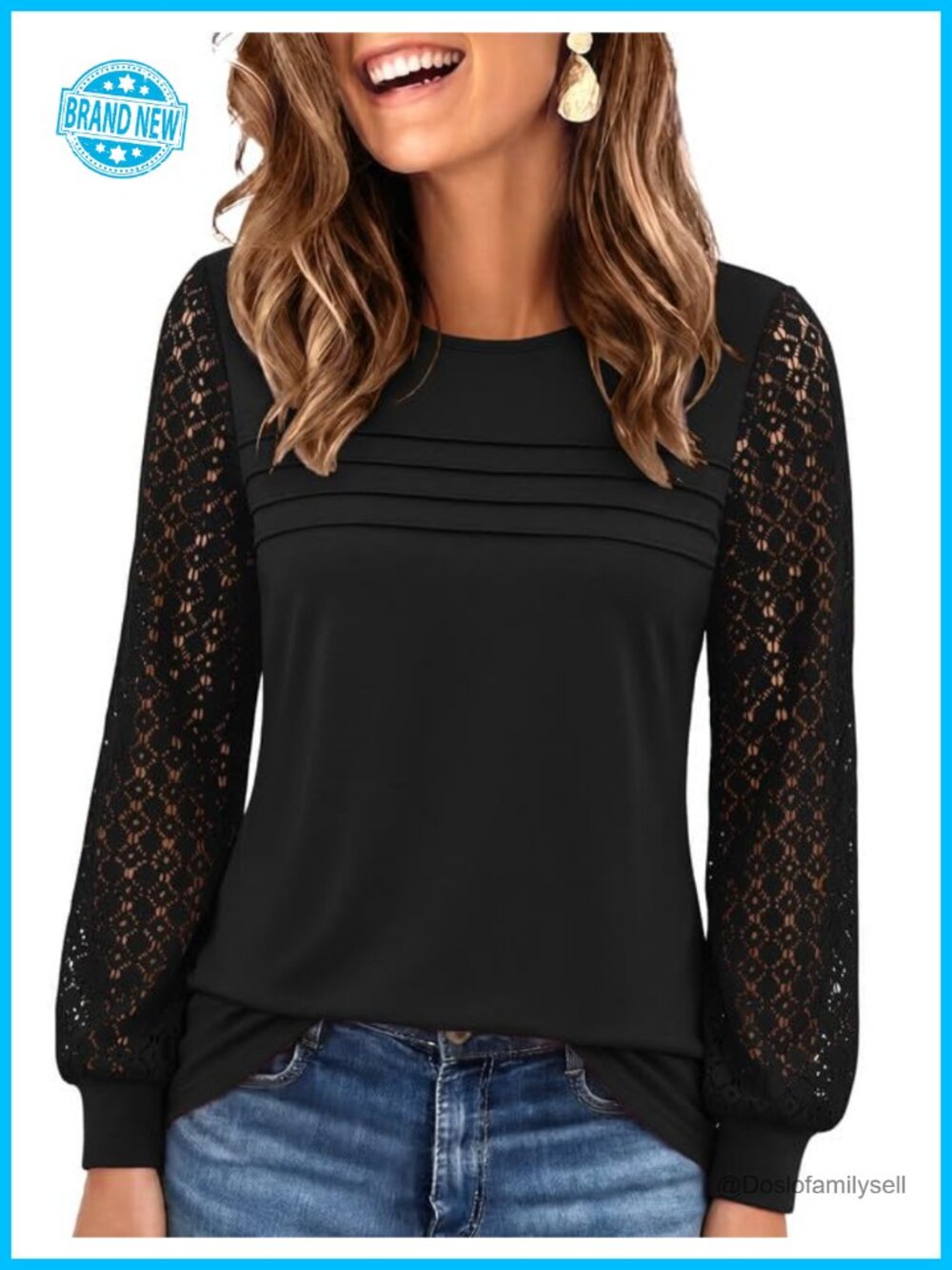 Women's Lace Long Sleeve Blouse Crewneck Loose Fit Business Casual